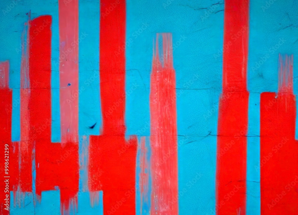 Poster a close-up view textured wall surface with vertical stripes in red and blue paint