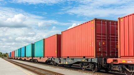 Obraz premium Colorful shipping containers lined up on a train under a blue sky, illustrating logistics and transportation concepts.