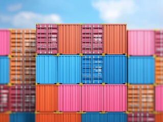 Fototapeta premium Colorful shipping containers stacked against a blue sky, representing logistics, transportation, and maritime trade.