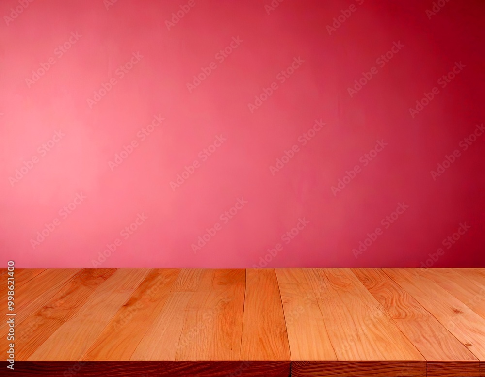Poster a wooden table sits against a pink wall, creating a simple and minimalist composition