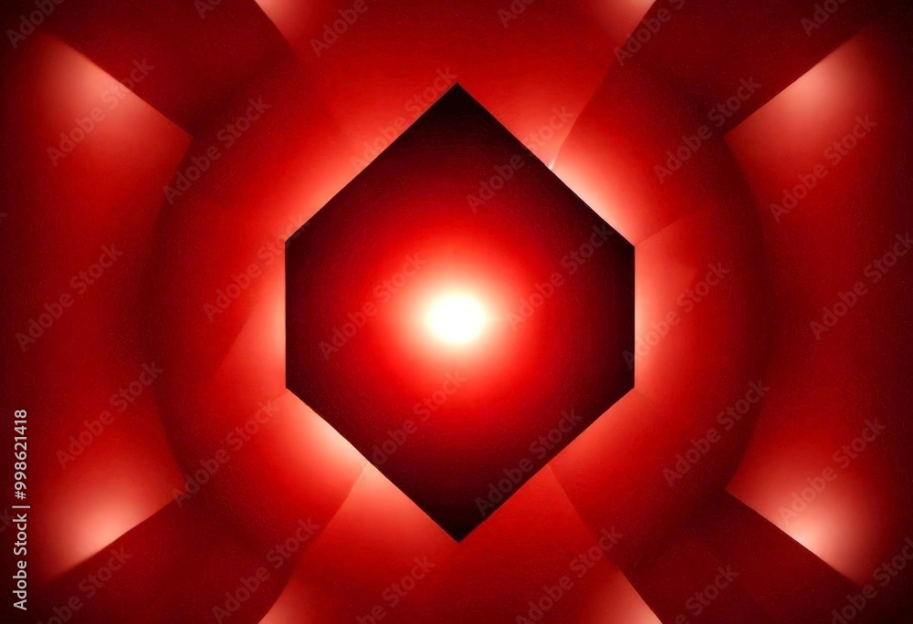Poster a red hexagon with a bright light shining from the center, surrounded by a circular pattern of red and orange hues