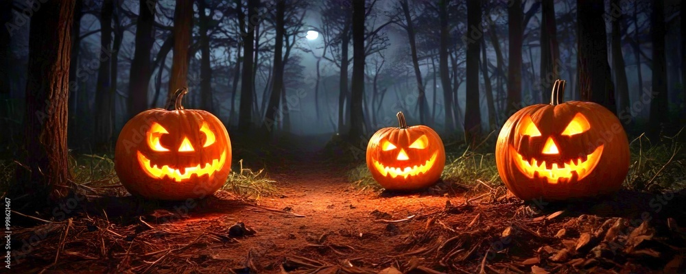 Poster Three jack-o'-lanterns with carved faces stand in a dark forest, illuminated by the soft glow of the moon and the surrounding trees