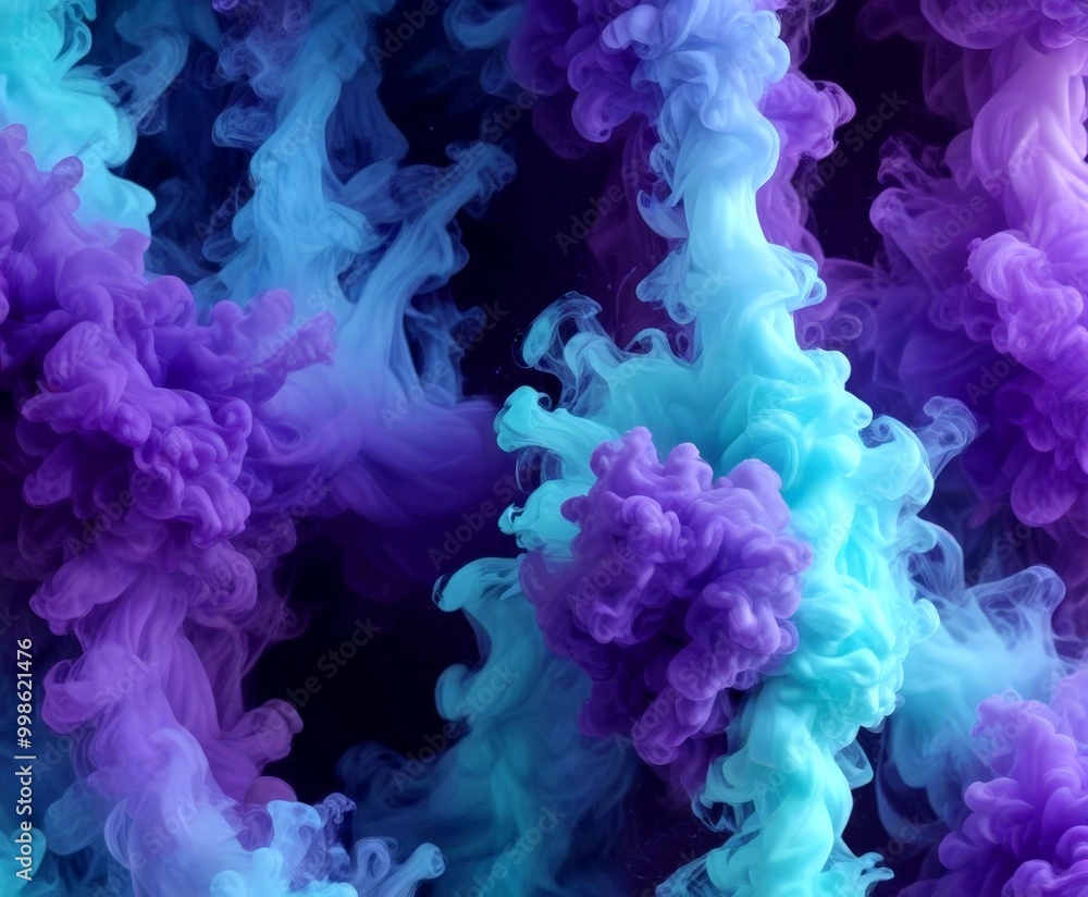 Poster a close-up view of swirling, colorful smoke or vapor in shades of blue and purple, creating an abstr