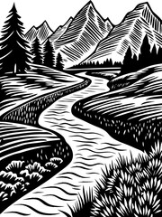Monochrome Illustration of a Serene Mountain Landscape with River