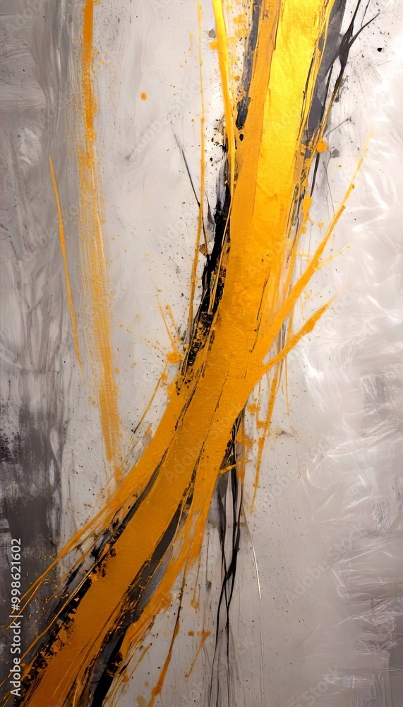 Poster an abstract painting featuring a diagonal line of gold paint against a gray background