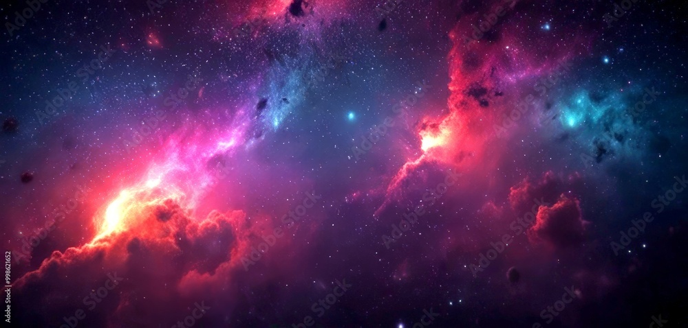 Poster a vibrant cosmic scene, featuring a nebula with swirling clouds of gas and dust illuminated by the l
