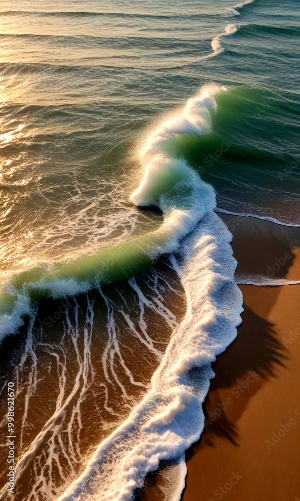 Poster a serene aerial view beach at sunset, showcasing the gentle waves lapping against the shore and cast