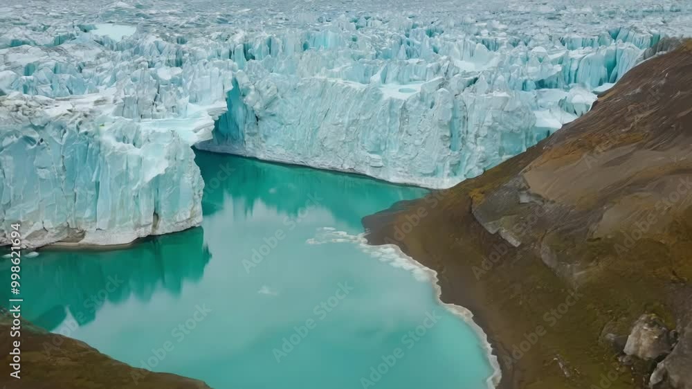 Poster turquoise water is forming under a melting glacier, creating a dramatic scene that highlights the ef