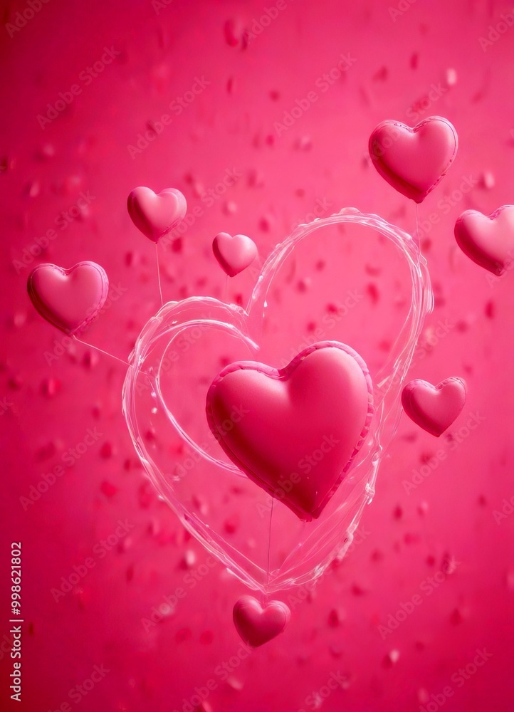 Poster a pink background with a central heart-shaped object surrounded by smaller heart-shaped objects, cre