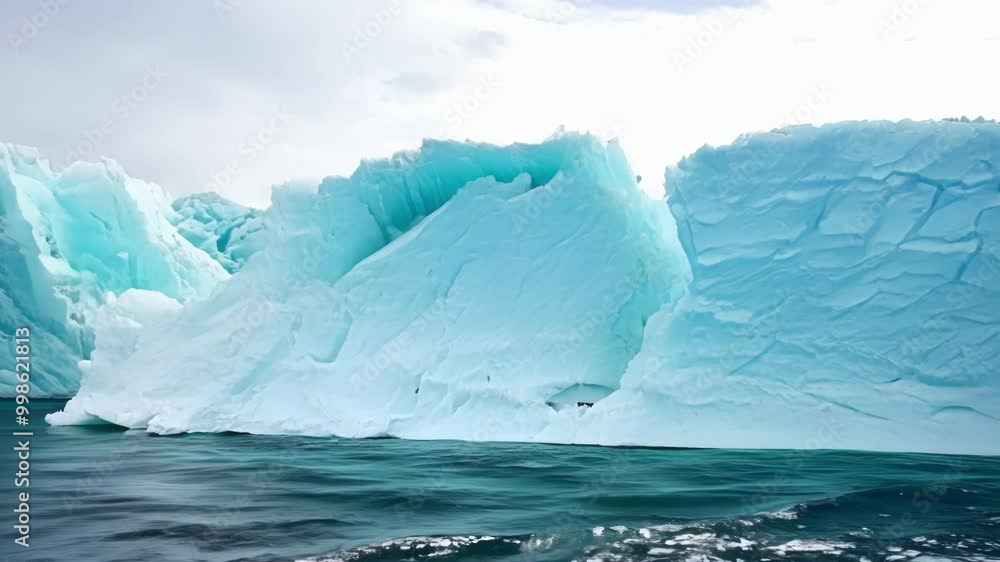 Poster turquoise blue iceberg floating in the water, its surface reflecting the cloudy sky above. the melti