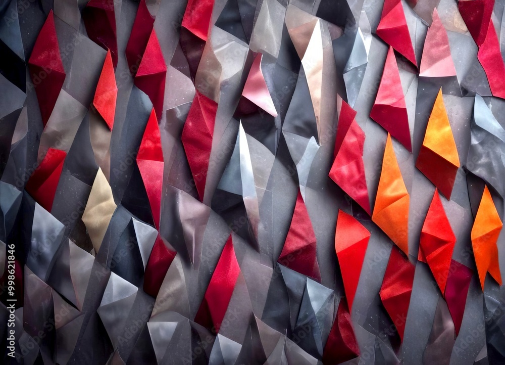 Fototapete a close-up view geometric pattern composed of numerous overlapping triangular shapes in various shades of red, gray, and black