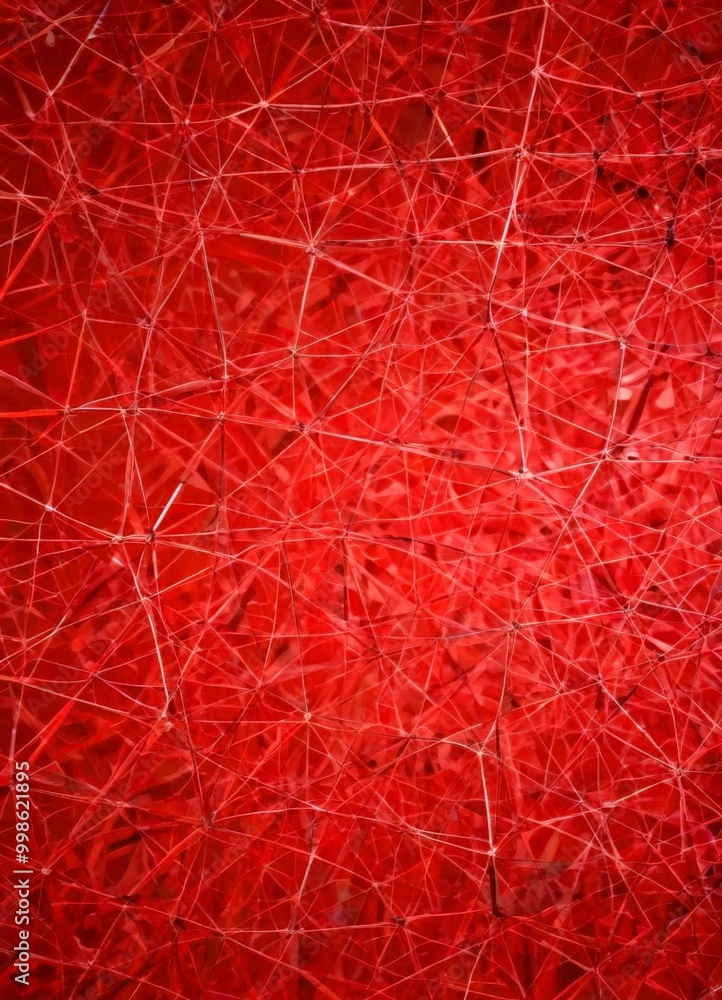 Poster a close-up view red, abstract sculpture composed of numerous interconnected lines and points, creating a complex and intricate pattern