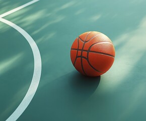 Basketball on court with curved line, soft lighting and shadow emphasizing texture and form in quiet