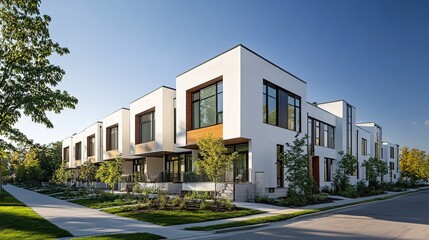 A series of white contemporary townhouses with contemporary designs and integrated outdoor spaces, viewed from a city street