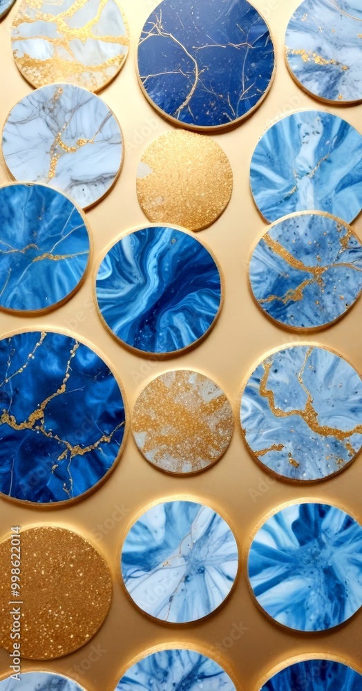 Aufkleber A collection of circular coasters with blue and gold marble patterns arranged in a grid-like pattern against a beige background