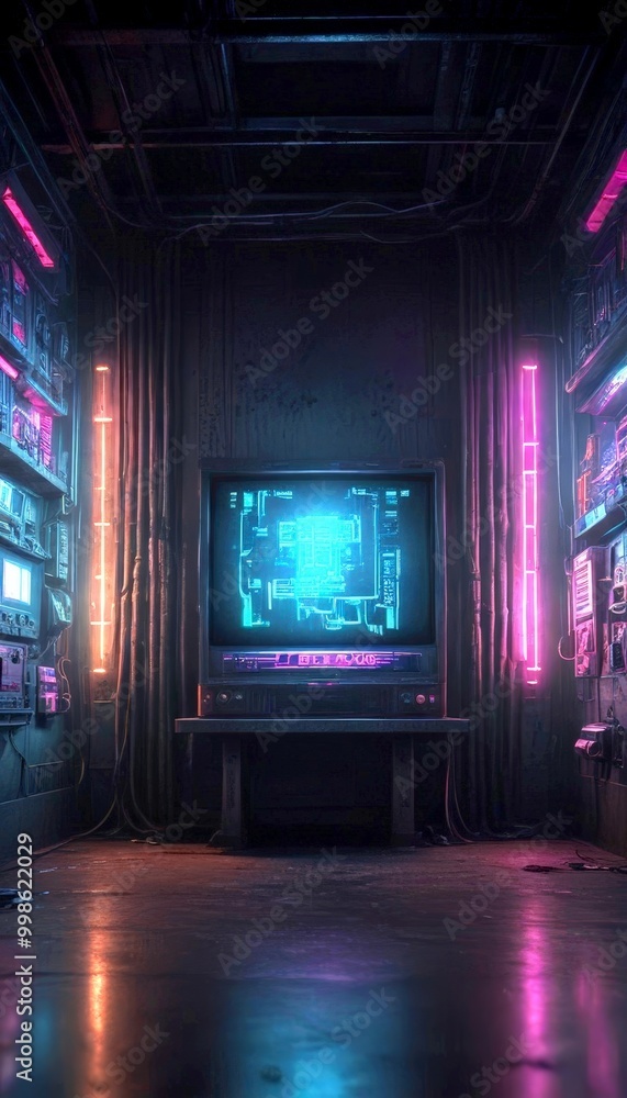 Poster A futuristic room with a large television screen displaying a complex circuit diagram, surrounded by neon lights and pipes