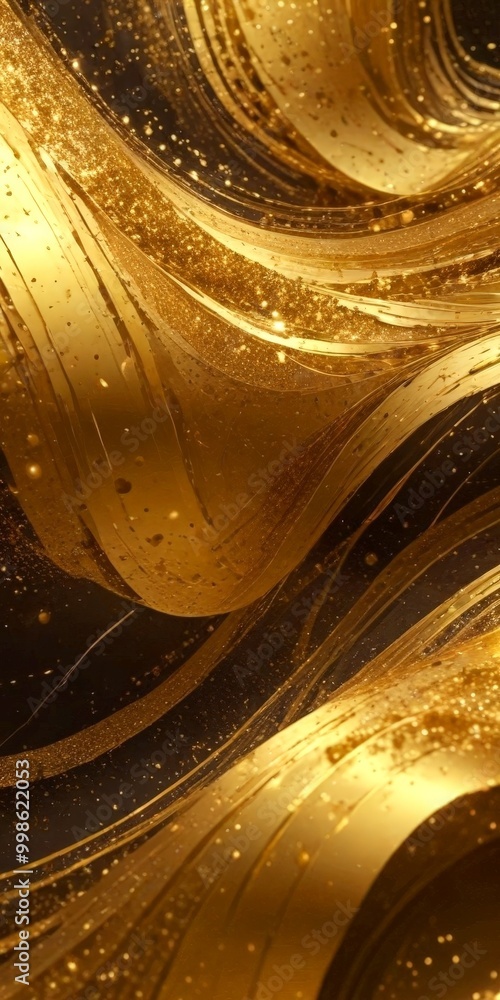Poster a striking abstract composition of golden lines and swirls against a dark background, creating a sense of movement and depth