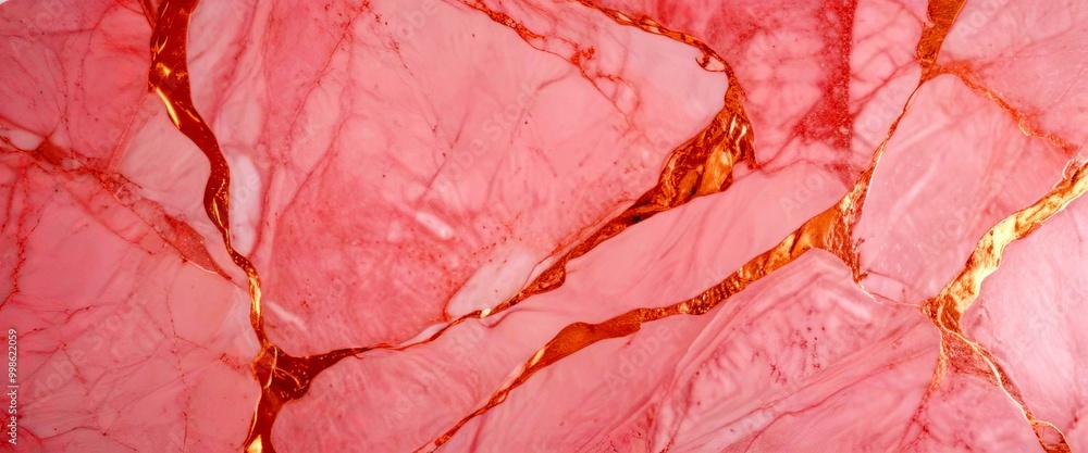 Poster a close-up view pink marble surface with gold accents, creating a visually striking contrast