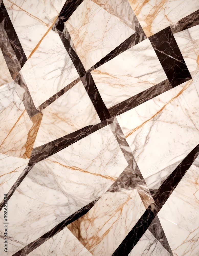 Poster a close-up view marble floor with a geometric pattern of intersecting lines and rectangles in various shades of white, beige, and brown