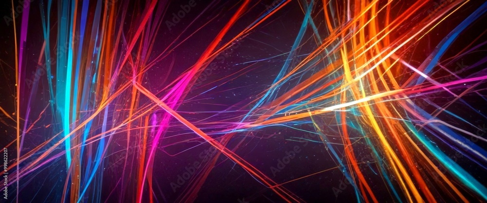 Poster a digital art piece featuring a complex network of intersecting lines and streaks in various colors, including red, orange, yellow, blue, and purple, against a