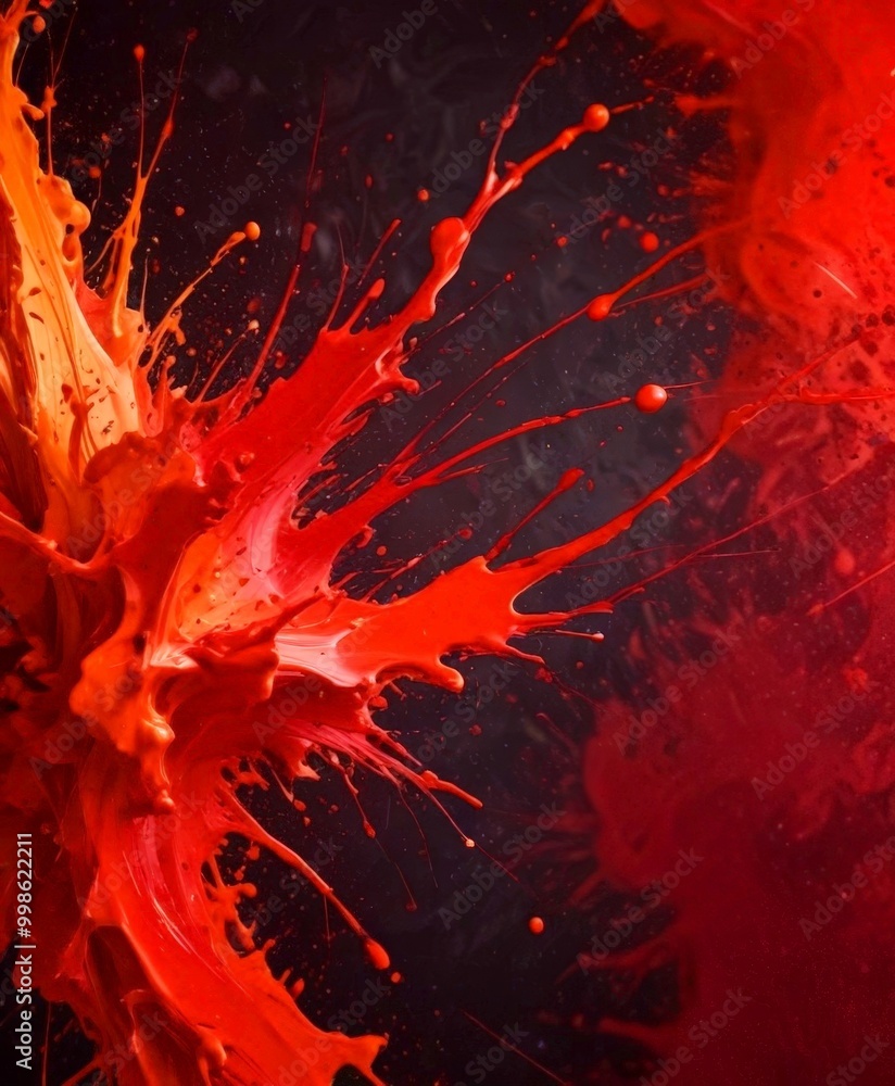 Fototapete a close-up view splash of red paint against a dark background The paint splatters in various directions, creating a dynamic and abstract visual effect