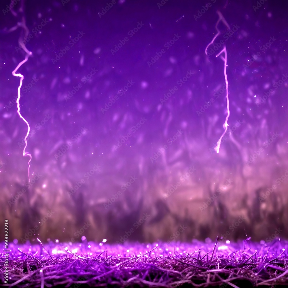 Poster a dramatic night scene with a purple sky filled with lightning bolts the lightning strikes are conce