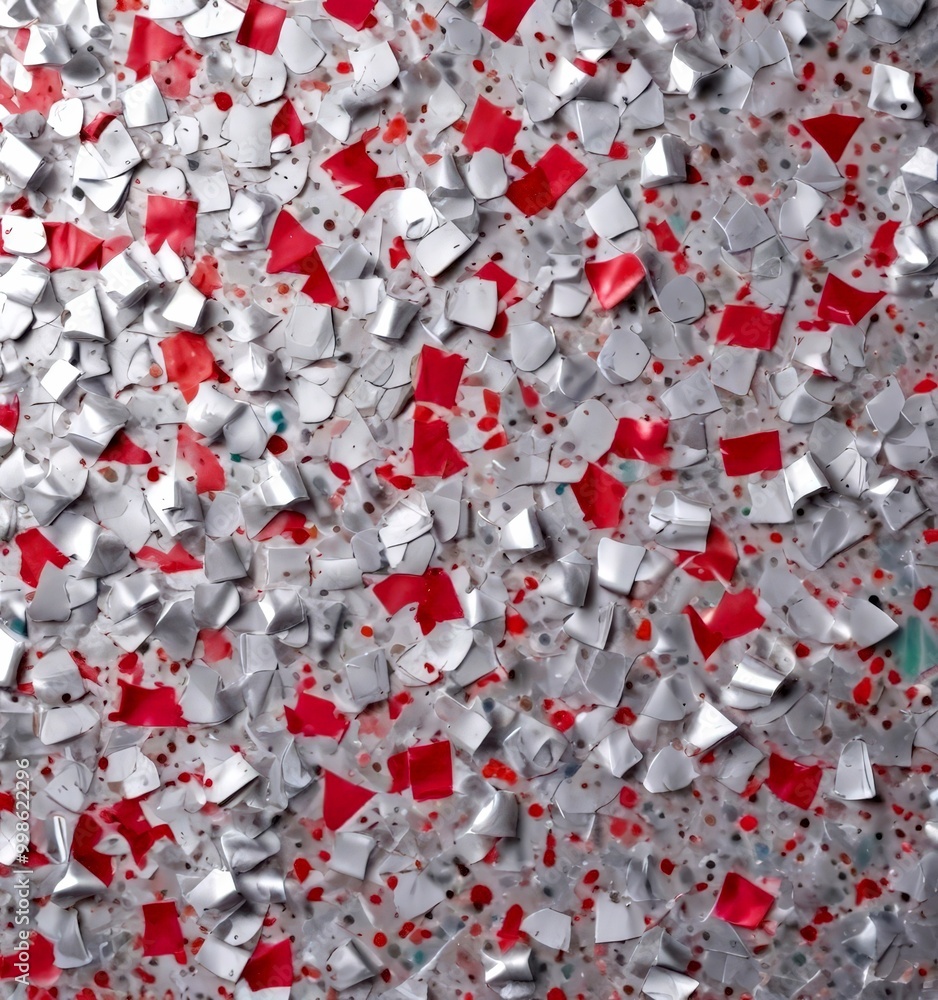 Poster a textured surface composed of small, irregularly shaped pieces of red and silver material, scattered across the frame