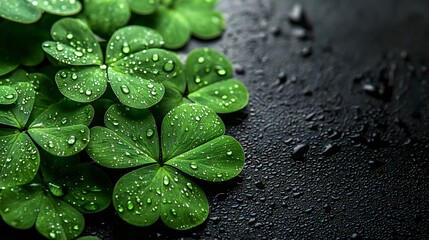 Close-up of lush clover leaves with water drops on a black background. Generative AI