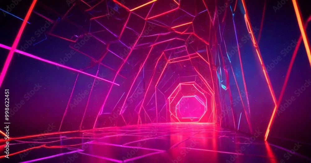 Poster a futuristic, neon-lit corridor with a geometric pattern of intersecting lines and a glowing, illumi