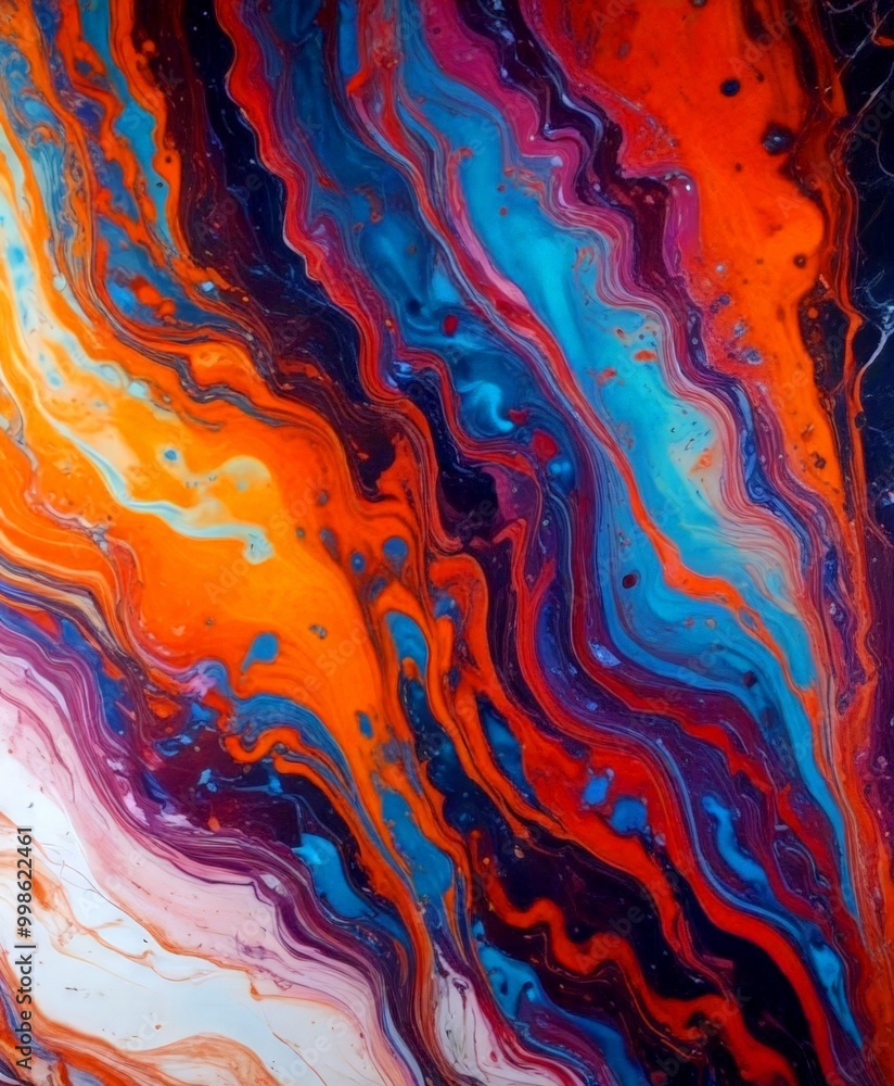 Poster an abstract painting featuring a swirling pattern of vibrant colors, including orange, blue, and pur