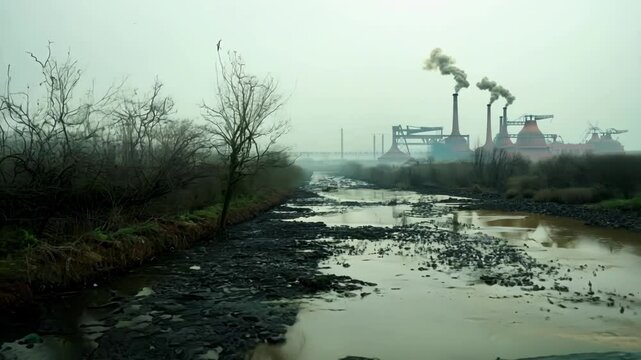 Polluted river flowing through an industrial wasteland, with factories emitting smoke in the background, creating a bleak and desolate scene