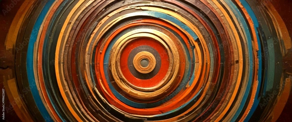 Poster a close-up view circular pattern composed of concentric circles of various colors, creating a visually striking and abstract design