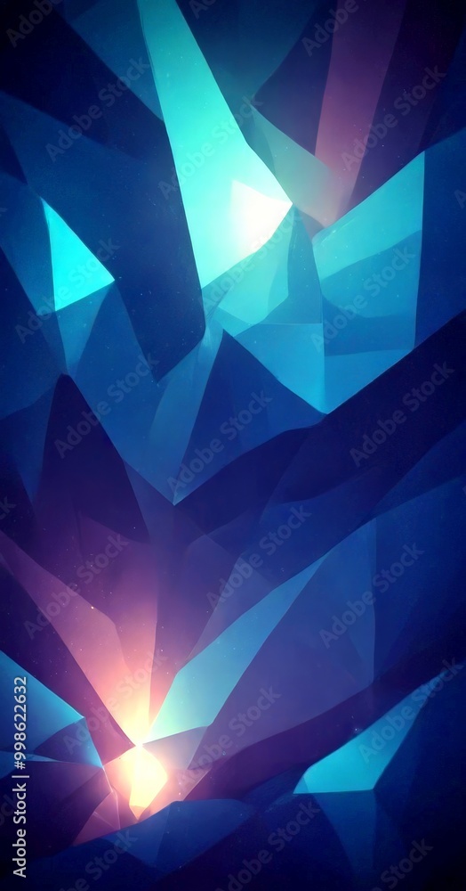 Poster a digital art piece featuring a complex arrangement of intersecting lines and shapes in shades of blue, purple, and orange, creating a dynamic and