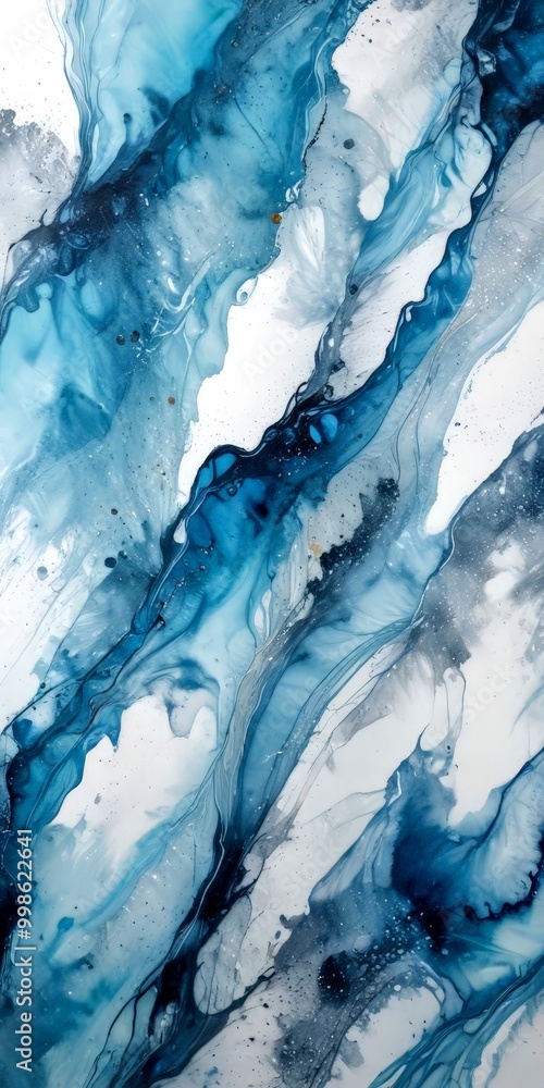 Poster an abstract painting featuring a swirling pattern of blue and white hues, with splashes of gold and 