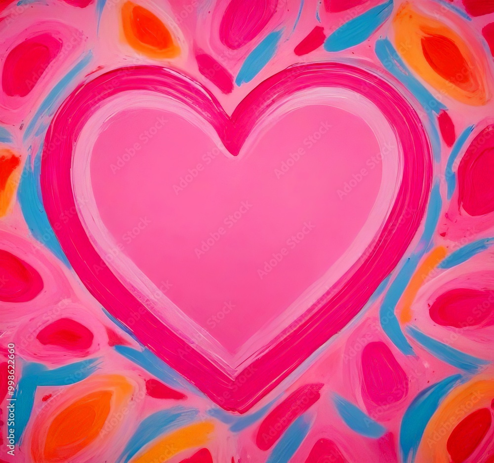 Poster a vibrant abstract painting featuring a large pink heart in the center, surrounded by a colorful arr