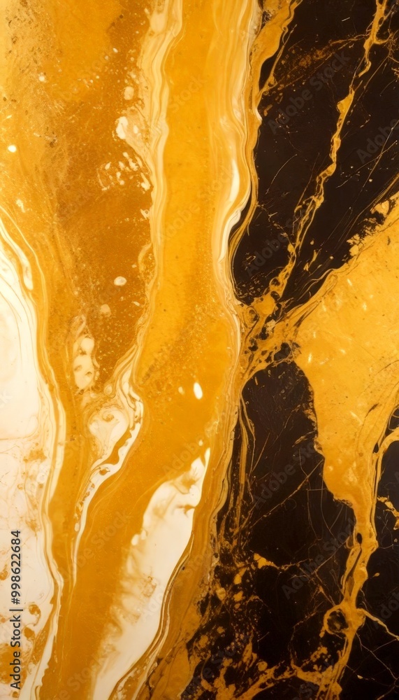 Poster a close-up view marble surface with a striking pattern of swirling, golden and black hues the marble