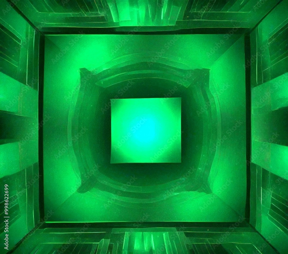 Leinwandbilder a square-shaped, illuminated object in the center, surrounded by a green-tinted, geometric pattern