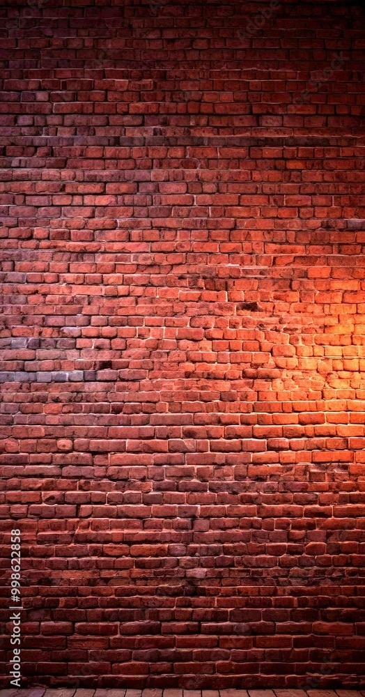 Fototapete A brick wall with a single light source illuminating it from the top right corner, creating a warm, textured effect