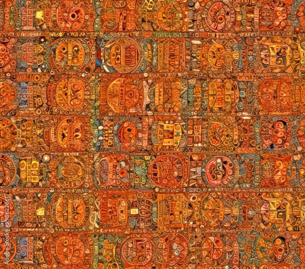 Poster a collage of various abstract patterns and shapes in warm, earthy tones, creating a visually captivating and intricate design