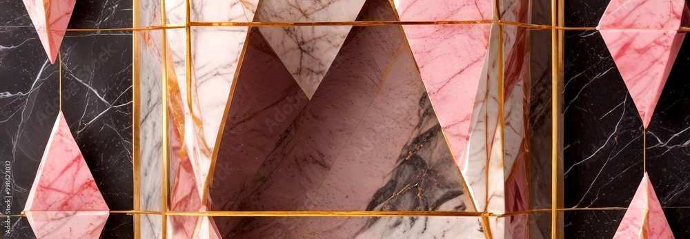 Poster a close-up view geometric pattern composed of pink and black marble tiles arranged in a diamond-like