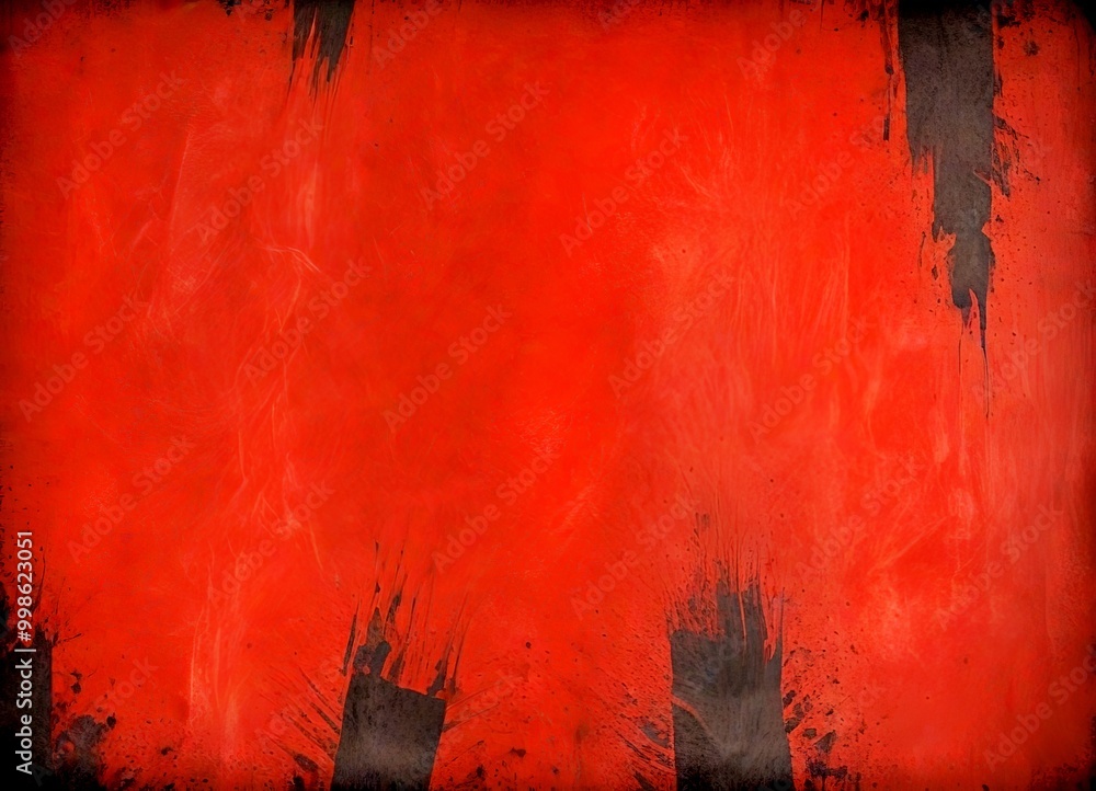 Fototapete a close-up view textured red surface with black splatters and splotches, creating a dynamic and expressive visual effect