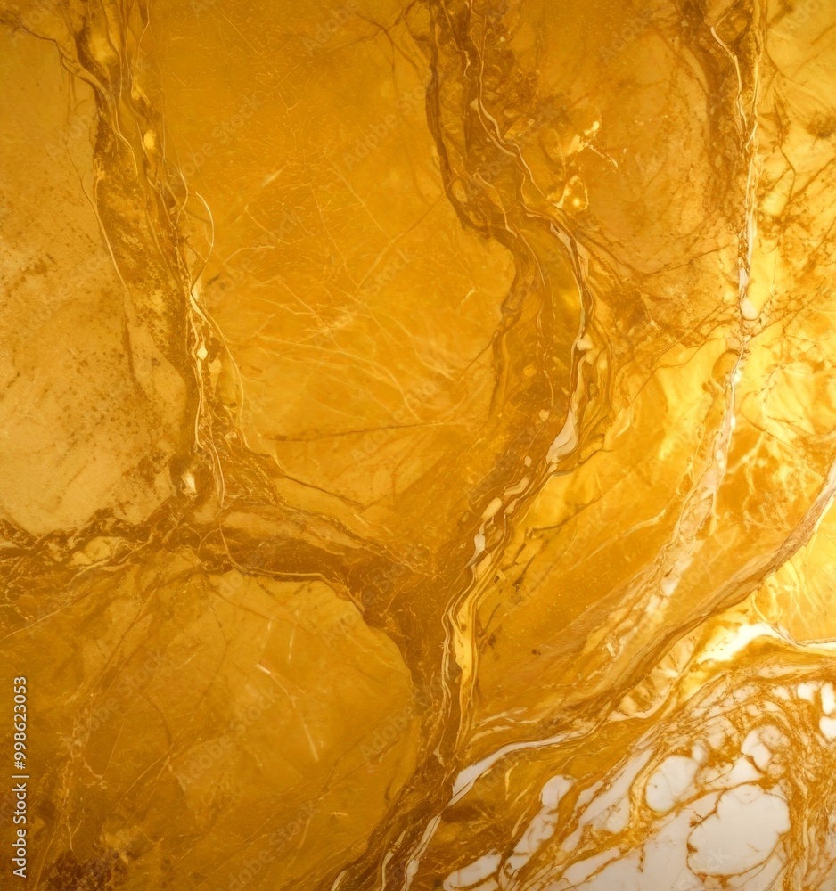Poster a close-up view marble surface with a swirling pattern of gold and white hues, creating a sense of movement and depth