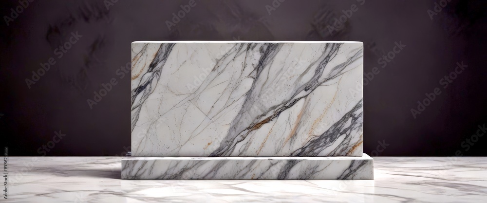 Aufkleber Marble block with a marble pattern, standing on a gray marble surface