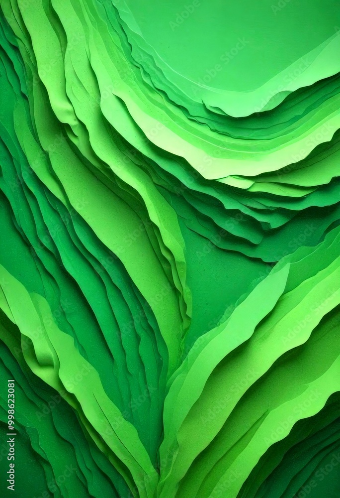 Poster a close-up view paper sculpture with a green color scheme, featuring a textured and layered appearance