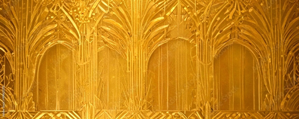 Aufkleber a close-up view gold-colored, intricately carved wall panel with a repeating pattern of arched and f