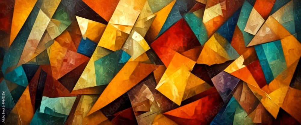 Aufkleber an abstract painting featuring a complex arrangement of intersecting lines and triangles in various shades of orange, yellow, green, and blue, creating a dynamic