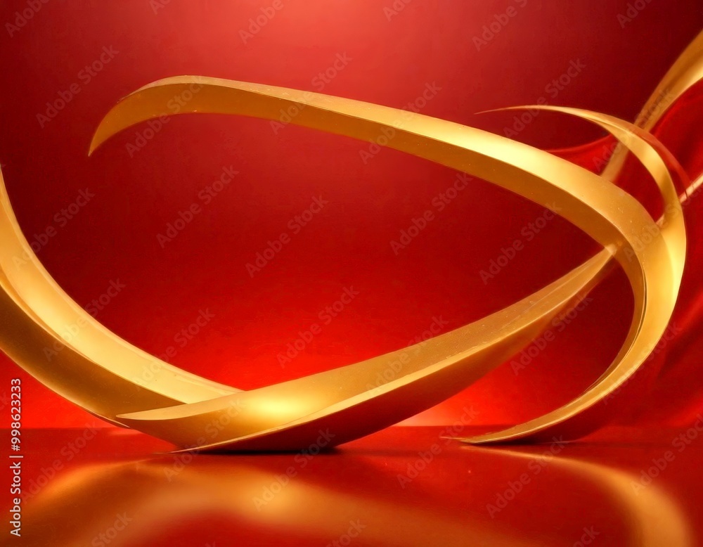 Poster a striking abstract composition of curved golden lines against a deep red background, creating a sense of movement and dynamism