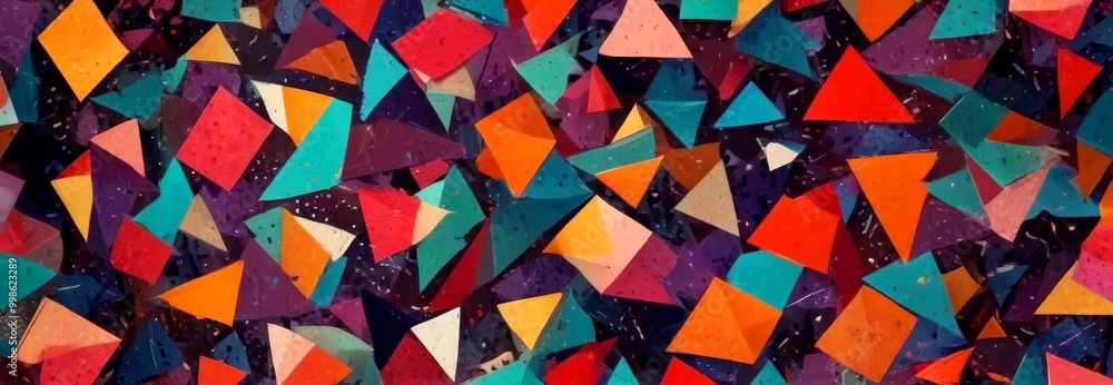 Poster a vibrant abstract composition featuring a multitude of overlapping triangles in various colors, including shades of red, orange, yellow, green, blue, and