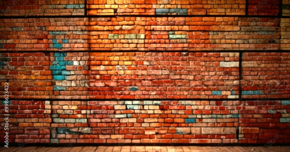 Aufkleber A brick wall with a pattern of red bricks, some with blue and green accents, arranged in a grid-like pattern