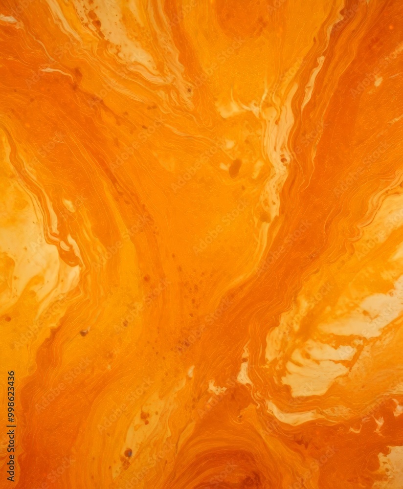 Poster a close-up view textured surface with a swirling pattern of orange and yellow hues, resembling the m